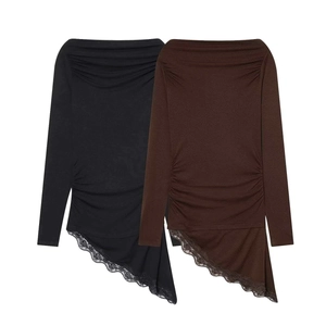 Women's Elegant Off-Shoulder Ruched Long Sleeve Top Asymmetric Lace Hem Solid Color Polyester T-Shirt For Autumn Party
