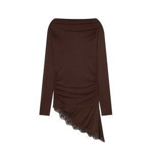Elegant off-shoulder long sleeve top in dark coffee with ruched sides and lace hem