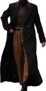Detailed view of long black coat with burgundy contrast collar and wool texture