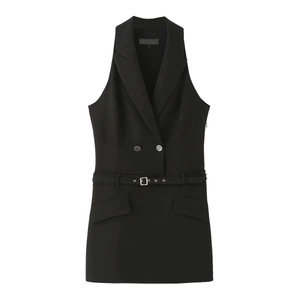 Women Sleeveless Blazer Dress Double Breasted Suit Vest Mini Dress With Belt Slim Fit Solid Color Office Lady Professional Wear