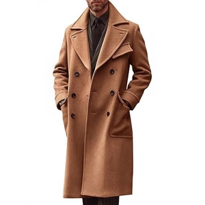 Men's wool blend double-breasted long coat in camel color with notched lapels