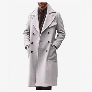 Men's light grey wool blend overcoat with classic double-breasted buttons and lapel