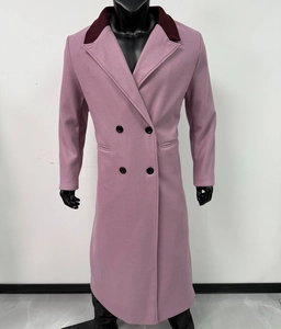 Detail of long wool coat featuring a burgundy collar and double-breasted buttons