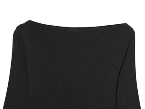 Detail of the elegant black boat neck design with high-quality knitted fabric texture