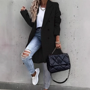 Classic black mid-length double-breasted wool coat with pockets for casual business wear