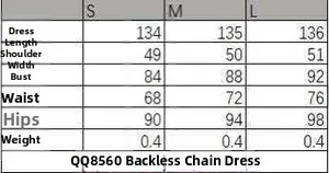 Detailed size chart for backless midi dress with measurements in S, M, and L sizes