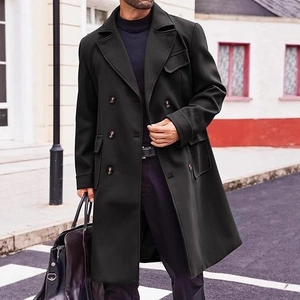 Men's double-breasted black wool coat with notch lapels in a mid-length business style