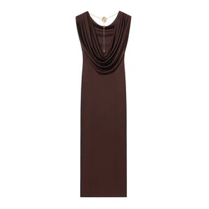 Women Elegant Cowl Neck Slim Fit Midi Dress Sleeveless Backless Knitted Long Dress With Rose Chain Detail Solid Color Wear