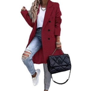 Classic dark red double-breasted wool coat for women with a notched lapel and slim fit