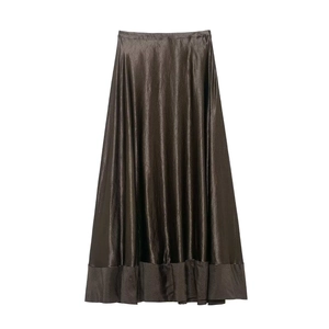 Jupe midi élégante en satin bronze à taille haute avec ourlet plissé et fini métallisé
