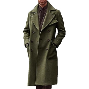 Men's olive green double-breasted wool blend overcoat with wide lapels and large pockets
