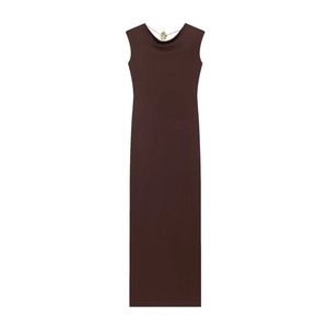 Slim-fit sleeveless knit midi dress in dark brown with elegant gold chain neckline