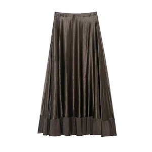Jupe Longue Trapèze En Satin Bronze Taille Haute Ourlet Large Patchwork Élégante Style Vintage Pour Femme