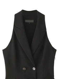 Detail of black sleeveless blazer dress featuring wide lapels and double-breasted buttons