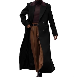 Men's double-breasted long black wool coat with contrast collar and classic lapels