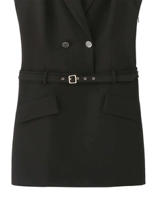 Detail view of black sleeveless blazer dress with silver buttons and belted waist