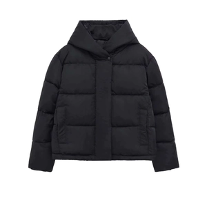 Women's black hooded quilted winter coat with hidden placket and matte windproof fabric