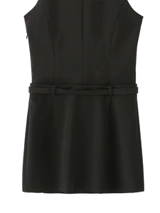 Detail of black sleeveless mini blazer dress featuring a matched belt and smooth texture
