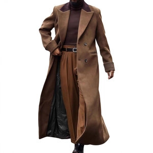 Classic men's long double-breasted wool overcoat in dark brown with notch lapels