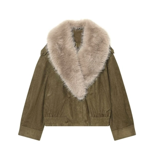 Damen Mode Wildlederimitat Jacke Mit Großem Kunstpelzkragen Zweireihig Lockere Passform Winter Warme Oberbekleidung Olivgrün Casual Mantel