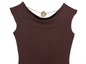 Close-up of sleeveless chocolate brown midi dress with golden rose chain neckline detail