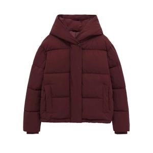 Short burgundy puffer jacket with hood and quilted design for warm winter outerwear