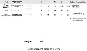 Size guide for satin camisole showing measurements for XS-L in cm and polyester material