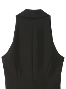 Back view detail of a black slim-fit sleeveless blazer dress with sharp lapel and seams