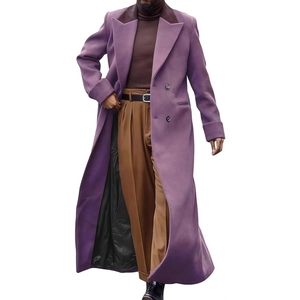 Men's purple double-breasted long wool coat with peak lapels and stylish oversized fit