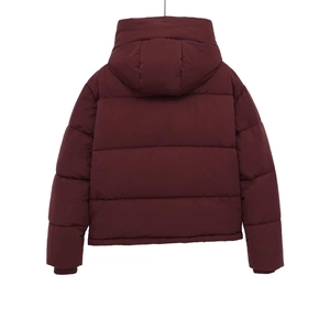 Deep burgundy hooded puffer jacket with horizontal quilting and ribbed cuffs in back view