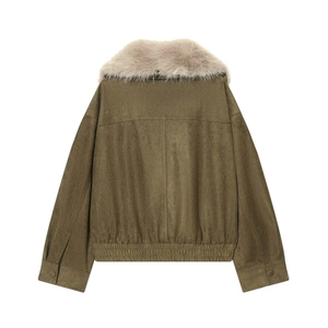 Damen Winterjacke aus olivgrünem Wildlederimitat mit flauschigem Pelzkragen und Saumzug