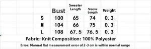 Detailed size chart for vintage jacquard knitted sweater showing S, M, L measurements