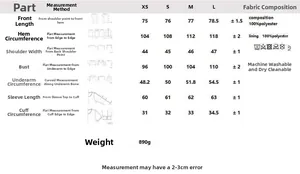 Size chart detail for black loose blazer showing precise measurements in centimeters