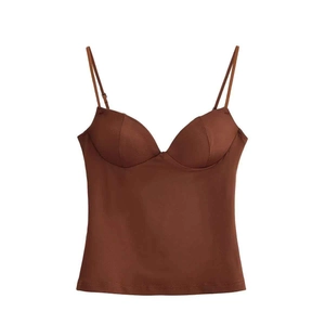 Detailed close-up of dark brown satin camisole featuring thin straps and padded V-neck cups