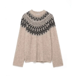 Detail of beige Fair Isle knit sweater neckline with black and grey geometric patterns