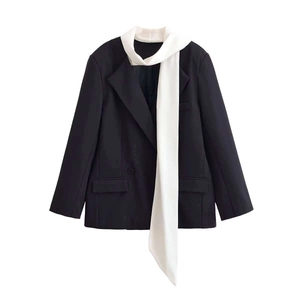 Elegant Women Black Blazer Jacket Contrast White Scarf Detail Long Sleeve Loose Fit Notched Lapel Commuter Outerwear Jacket