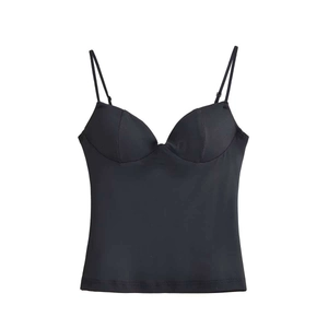 Elegant black satin camisole with built-in chest pads and adjustable spaghetti straps