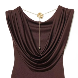 Elegant dark brown sleeveless midi dress with draped neck and gold rose necklace