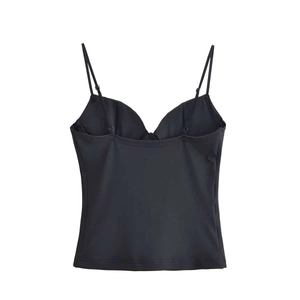 Detail view of black satin camisole with adjustable straps and smooth fabric