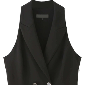 Women's chic black sleeveless blazer dress with silver buttons and notch lapels