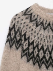 Close-up of geometric jacquard knit pattern on soft beige mohair blend sweater