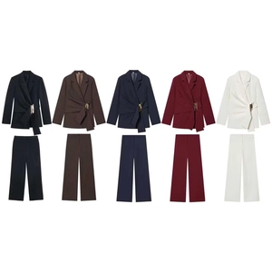 Women Elegant Polyester Blazer Top And Bottom Set With Metal Buckle Solid Color Slim Office Professional Wear