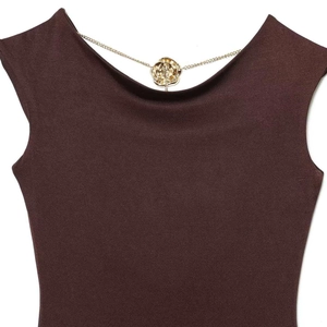 Dark brown sleeveless midi dress with gold rose metal chain neckline detail