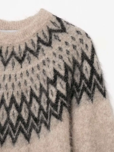 Detail of Nordic retro jacquard knit sweater with soft fluffy texture and geometric patterns