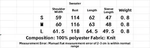 Detailed size chart for women plaid knit sweater showing S, M, and L dimensions in centimeters