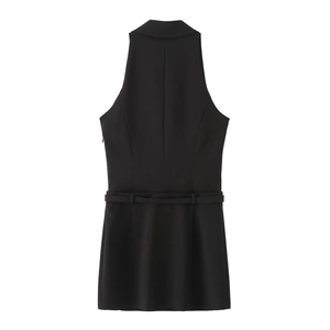 Fashionable black halter neck sleeveless mini blazer dress with adjustable waist belt