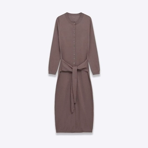 Robe Longue en Maille Élégante pour Femme Col Rond Manches Longues Boutonnage Simple Taille Nouée Unie Automne
