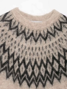 Detail view of round neck geometric jacquard knit sweater with soft mohair texture