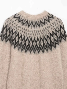 Detail of round neck jacquard knit sweater with soft mohair texture and geometric patterns
