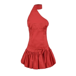 Elegant red halter neck mini dress with waist tie and pleated bubble skirt design
